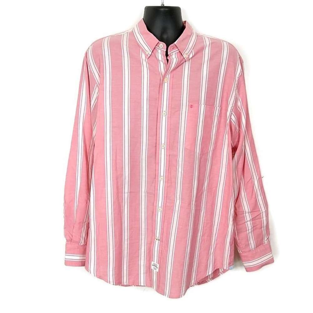 IZOD Saltwater Button Down Shirt Men L Pink White Striped Relaxed Cotton Coastal